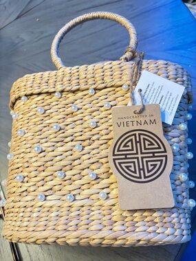 Handcrafted Pearl-Embellished Woven Straw Tote - Natural